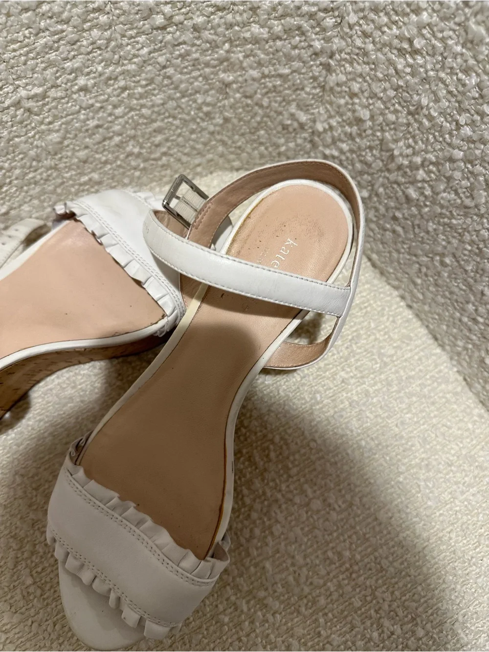 kate spade White Cork Ruffle Wedge Sandals